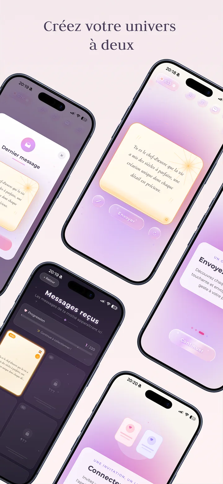 Several app screens: sending a word, collection of received messages
